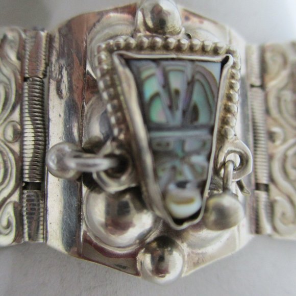 ABALONE MEXICAN SILVER Panel Bracelet Abalone Masks Rectangles Marked Mexico - Picture 5 of 15